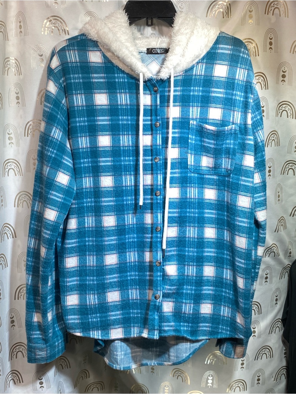 Cupshe Teal and White Plaid Sherpa Hoodie Jacket